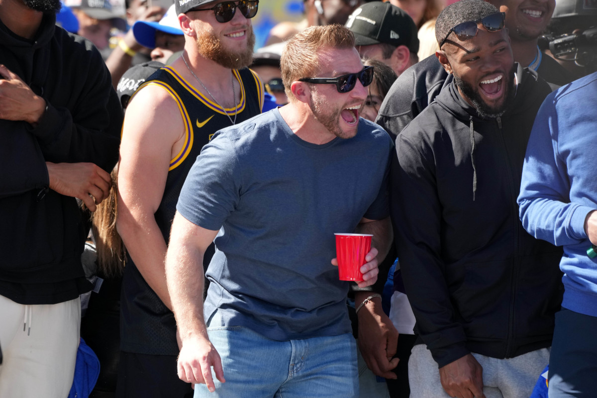 Feb 16, 2022; Los Angeles, CA, USA; Los Angeles Rams coach Sean McVay during the Super Bowl LVI championship rally at the Los Angeles Memorial Coliseum. Mandatory Credit: Kirby Lee-USA TODAY Sports